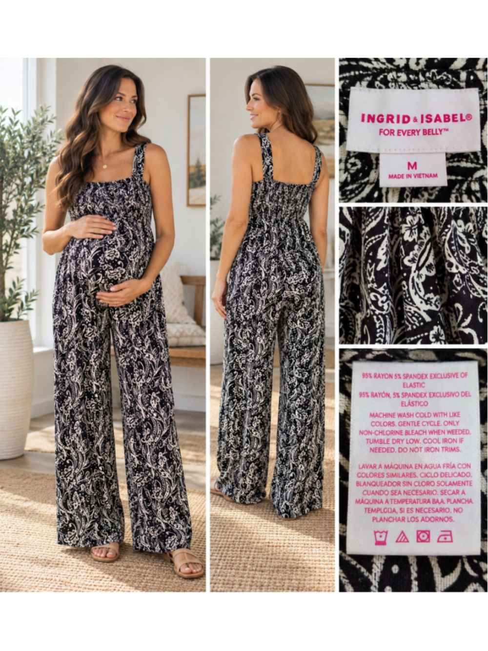 Ingrid & Isabel Maternity Smocked Bodice Wide Leg Jumpsuit Floral Paisley Black